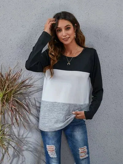 Color Block Round Neck Long Sleeve T-Shirt Women's T-Shirts - Tophatter Daily Deals